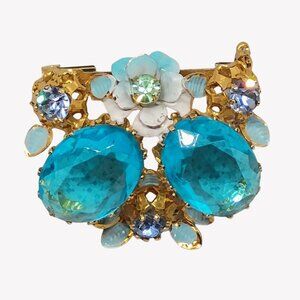 Vtg Austria Aquamarine Teal Blue Glass Rhinestone Enamel Flower Brooch Gold Tone